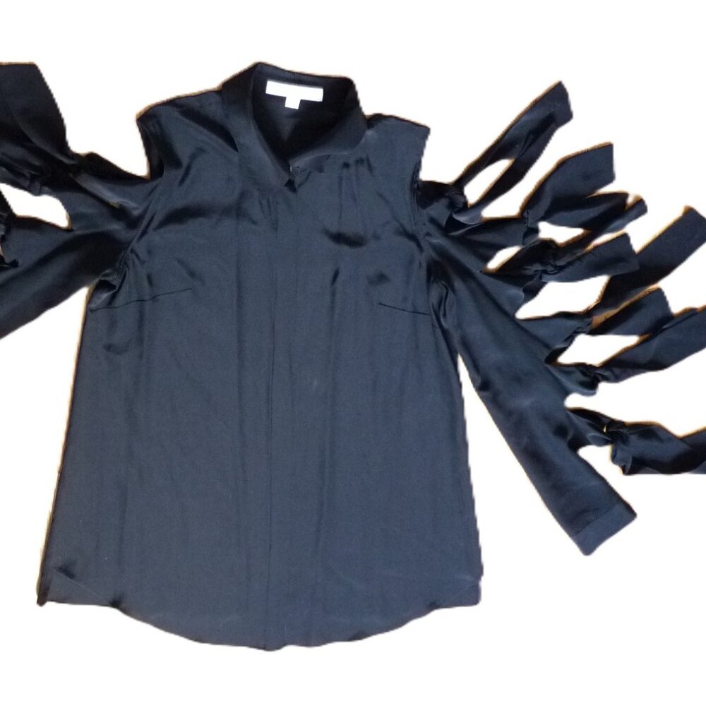 JOHNATHAN SIMKHAI BLACK SILK COLD SHOULDER SLEEVE TIES SHIRT S